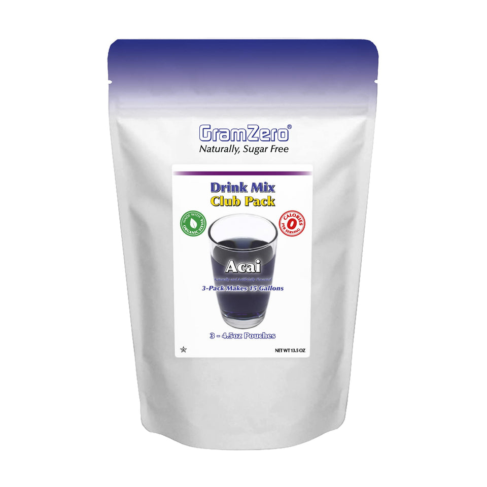 GramZero Acai zero calorie drink mix packaging ready for keto and low-calorie beverages.