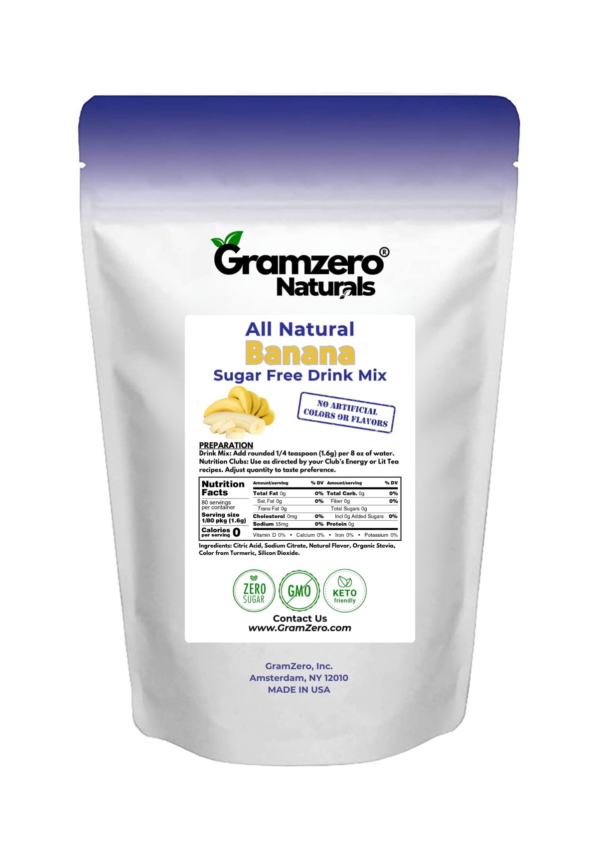 GramZero banana drink mix ingredients label emphasizes stevia-sweetened, zero calorie formula.