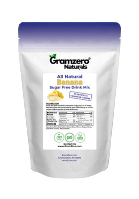 GramZero banana drink mix ingredients label emphasizes stevia-sweetened, zero calorie formula.