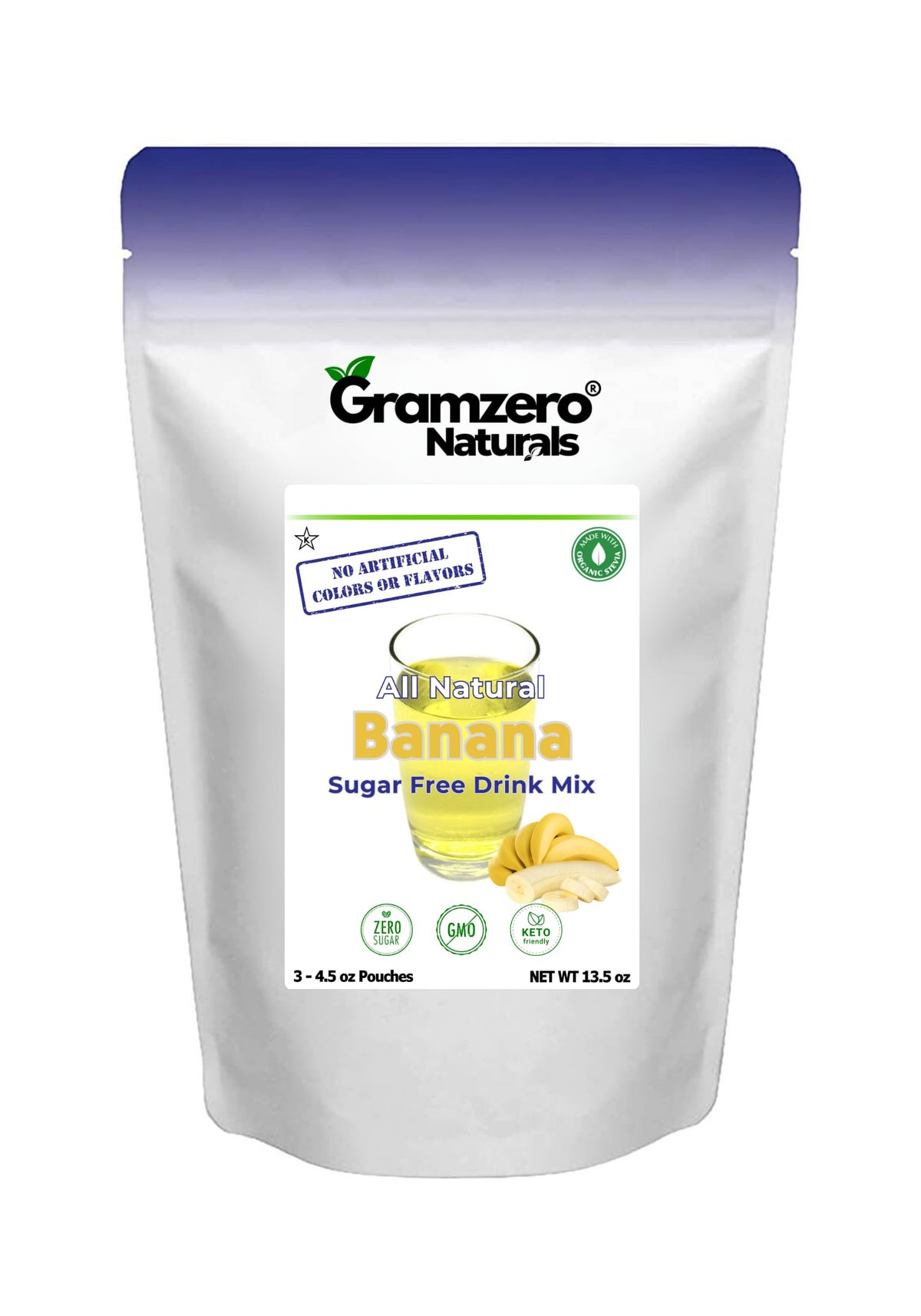 GramZero banana drink mix packaging highlights all natural ingredients for clean flavor.