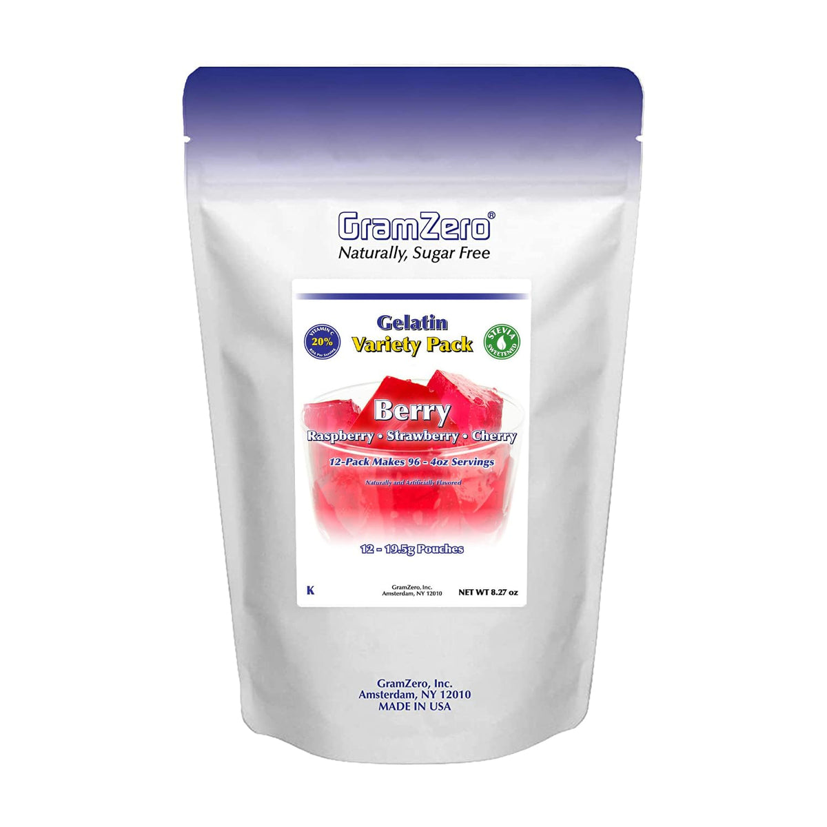 GramZero Raspberry Gelatin pouch showcases a sugar-free, keto-friendly dessert option