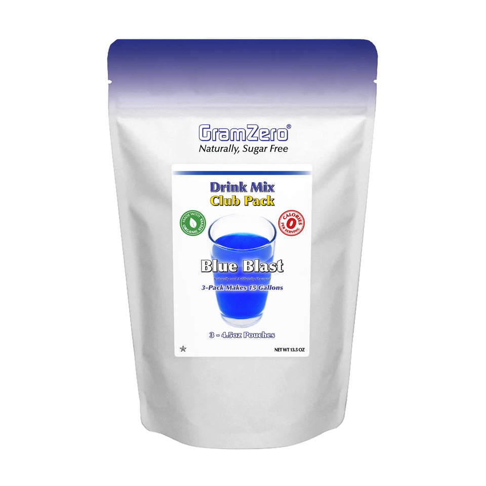 GramZero Blue Blast bottle pour shows zero calorie, stevia-sweetened flavor for keto beverages.