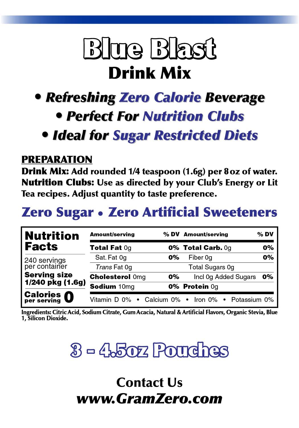 GramZero Blue Blast glass with ice demonstrates zero calorie flavor ideal for hydration.