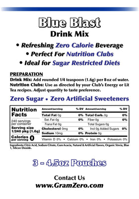 GramZero Blue Blast glass with ice demonstrates zero calorie flavor ideal for hydration.