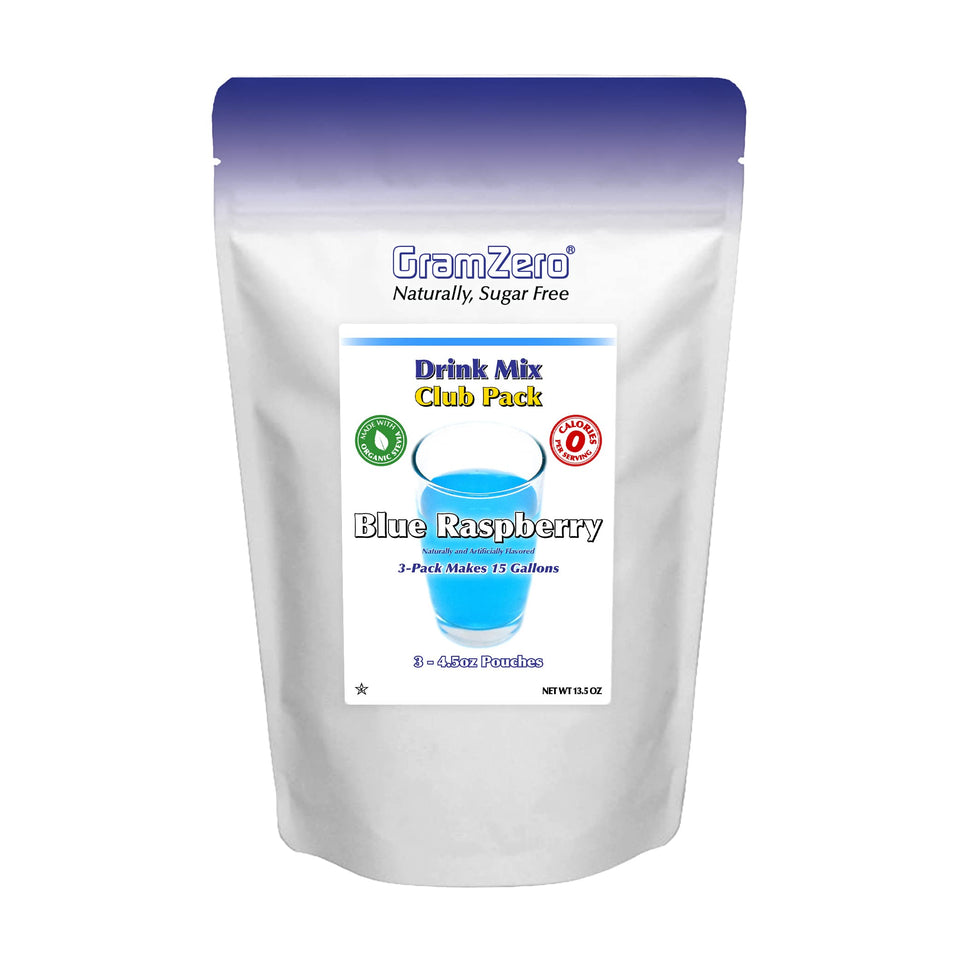GramZero Blue Raspberry drink mix tub, zero calories, stevia-sweetened hydration.