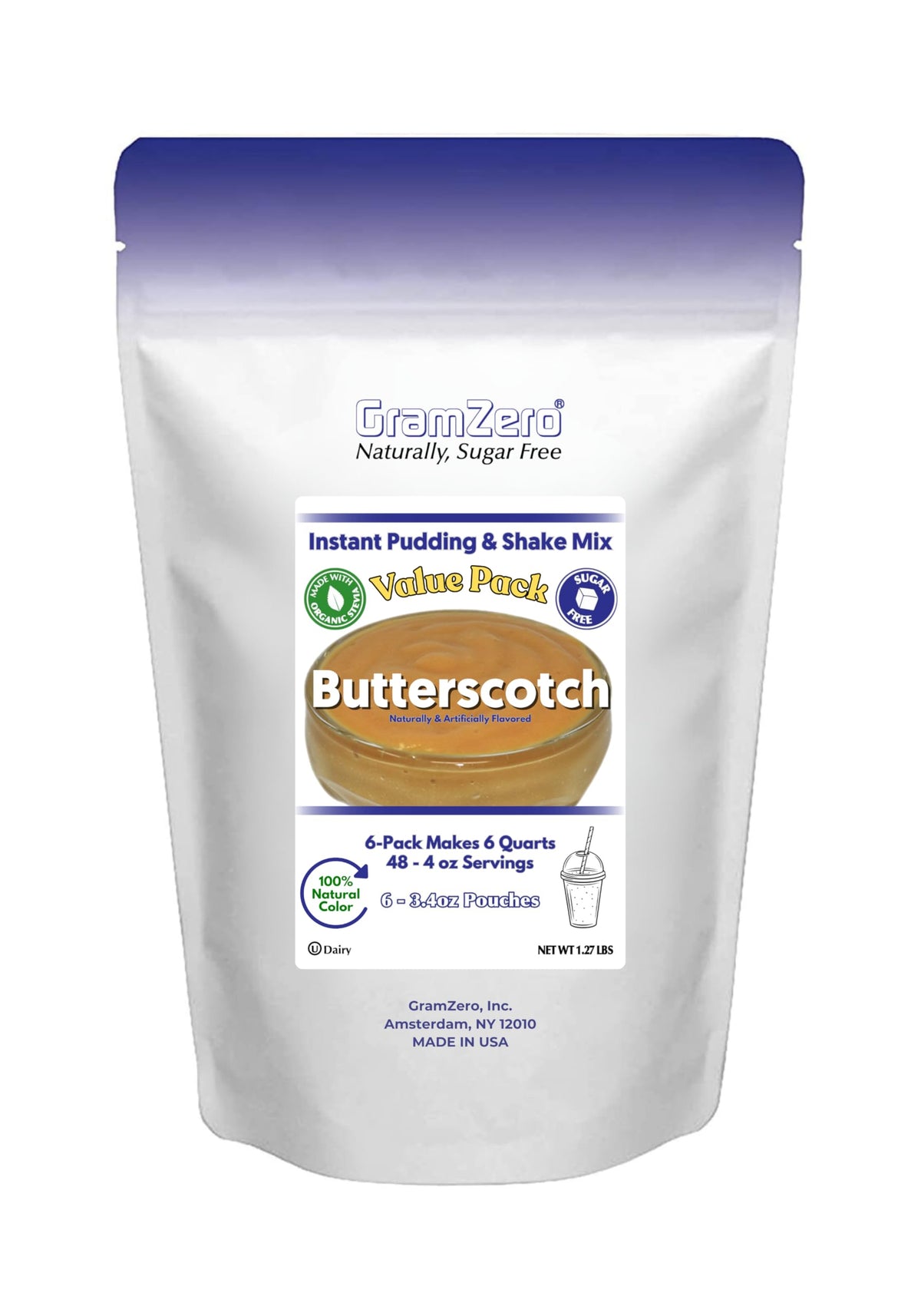 GramZero Butterscotch Sugar-Free Pudding packaging highlights a low-carb dessert option.