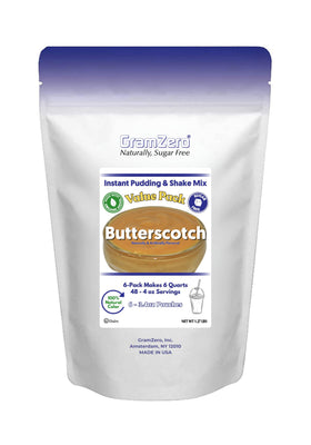 GramZero Butterscotch Sugar-Free Pudding packaging highlights a low-carb dessert option.