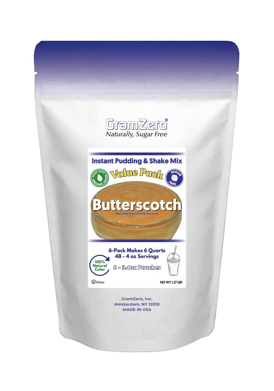 GramZero Butterscotch Sugar-Free Pudding packaging highlights a low-carb dessert option.