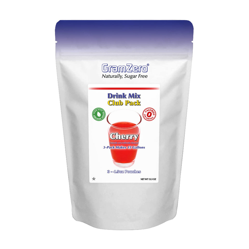 GramZero Cherry zero calorie drink mix pouch ready to blend with water.