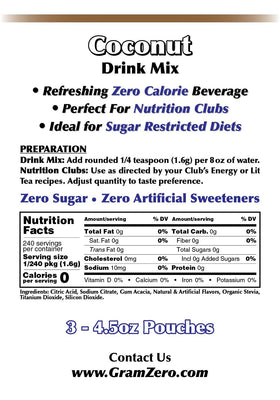 GramZero Coconut Drink Mix packaging showing three inner pouches for long-lasting use