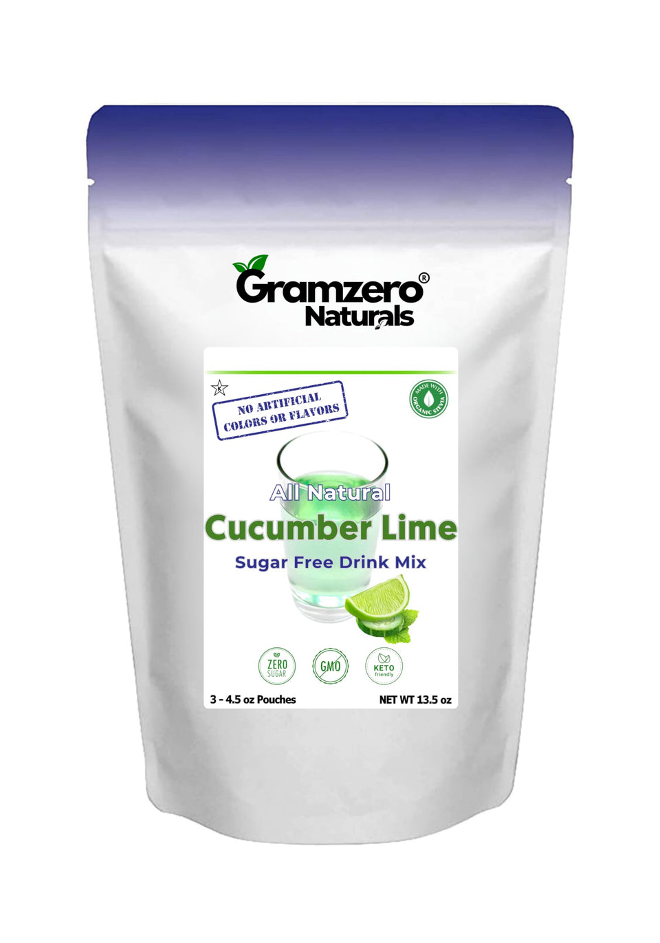 GramZero cucumber lime drink mix being poured for zero-calorie hydration.