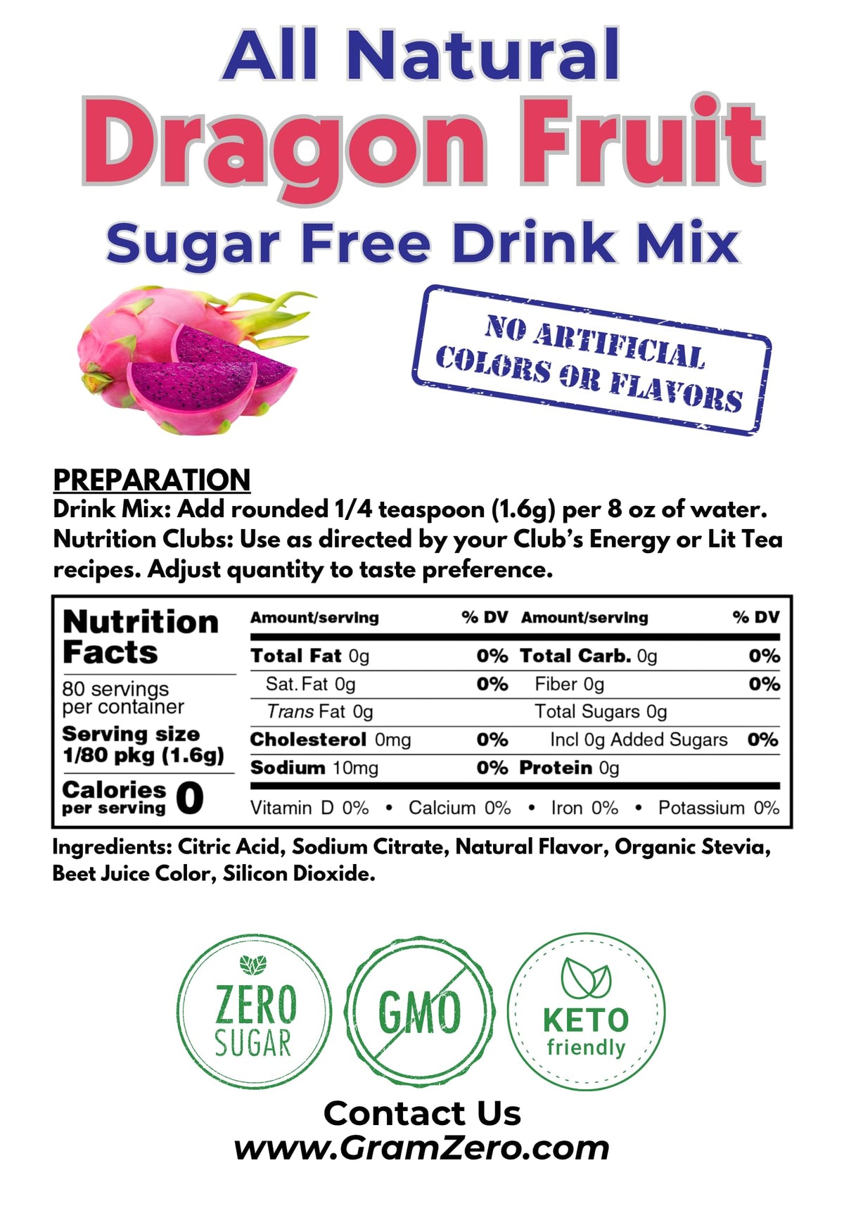 GramZero Dragon Fruit powder container close-up showing stevia-sweetened formula.