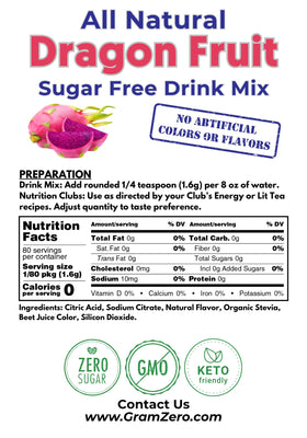 GramZero Dragon Fruit powder container close-up showing stevia-sweetened formula.