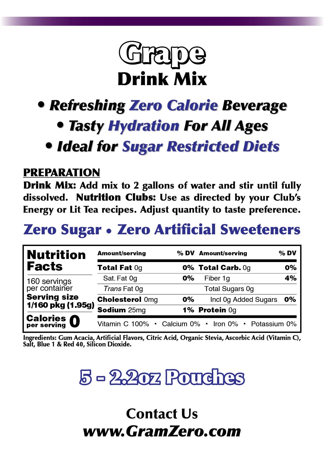 A glass of GramZero grape sugar-free drink mix prepared water, refreshing, zero calories.