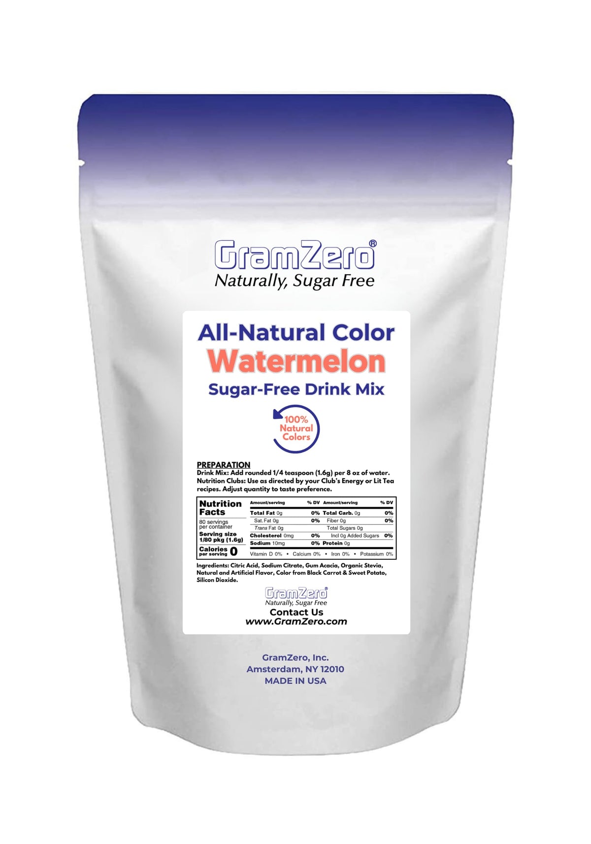 GramZero Watermelon powder highlights natural stevia and low-carb benefits for keto drinks.