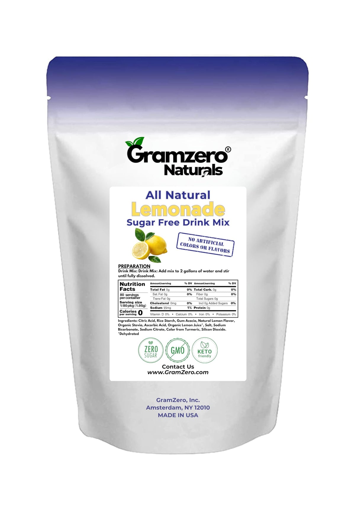 GramZero lemonade glass with prepared drink showcasing refreshing, calorie-free option.