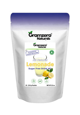 GramZero Lemonade powder scoop highlighting zero sugar sweetness for keto-friendly drinks.