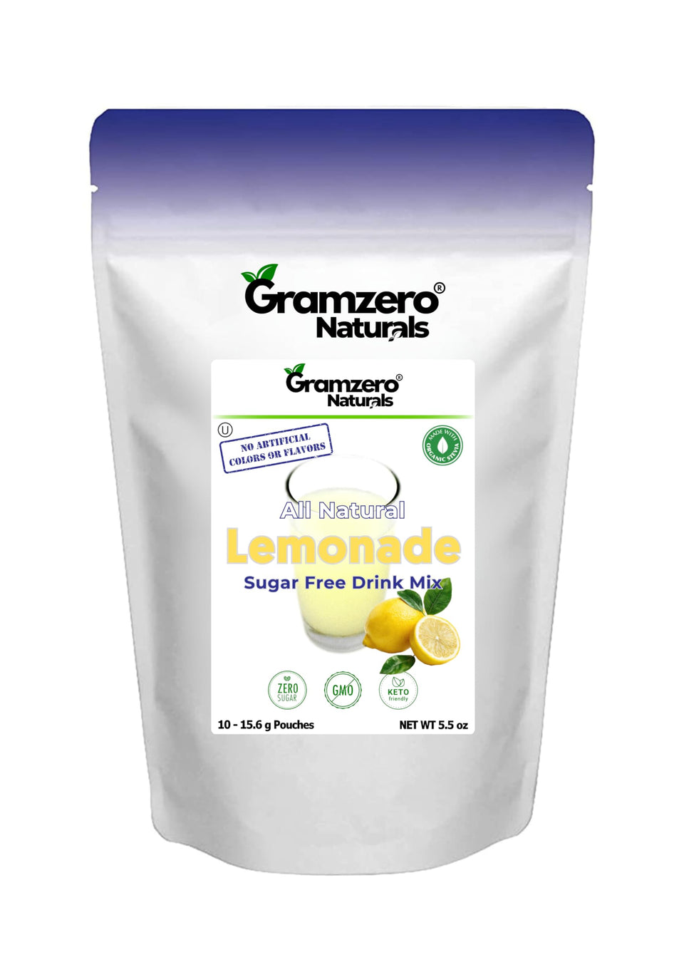 GramZero Lemonade powder scoop highlighting zero sugar sweetness for keto-friendly drinks.