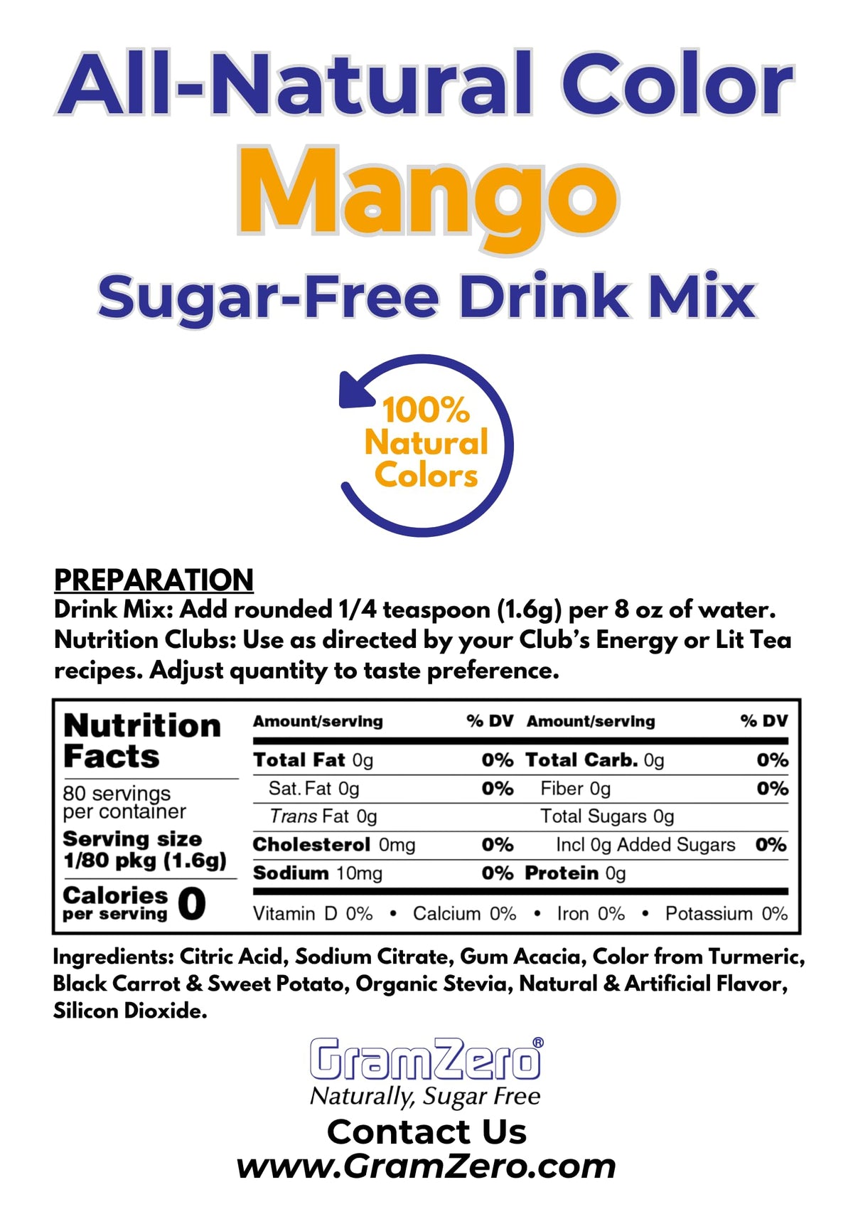 GramZero Mango powder closeup highlighting natural color and sugar-free taste for Loaded Tea.