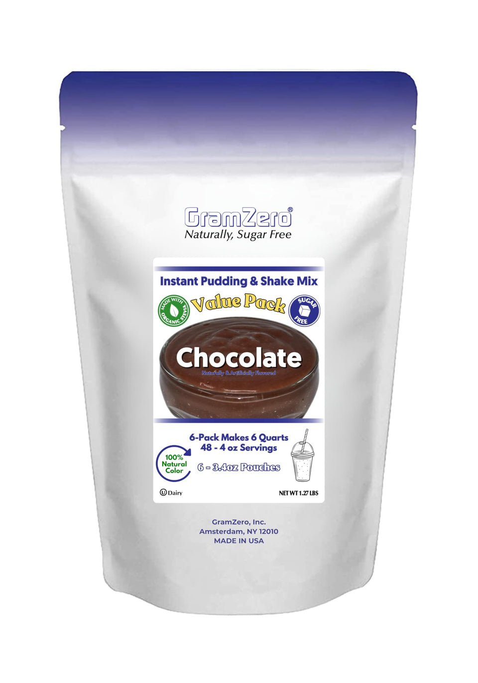 GramZero natural color chocolate pudding packaging highlights sugar-free, stevia-sweetened dessert option.