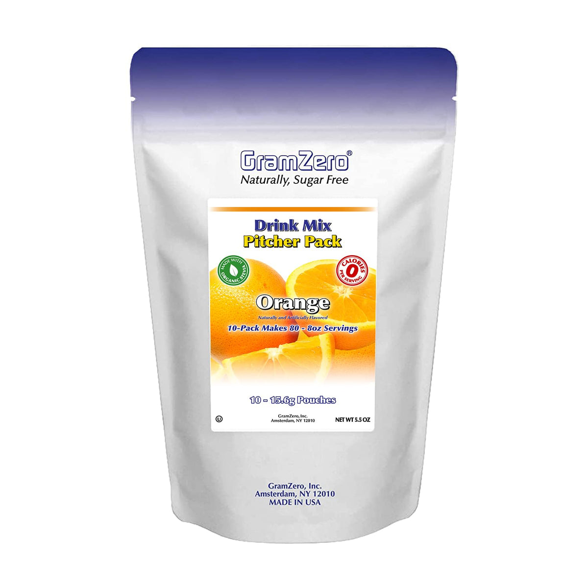 GramZero orange sugar-free drink mix pitcher pack on countertop, keto-friendly option.