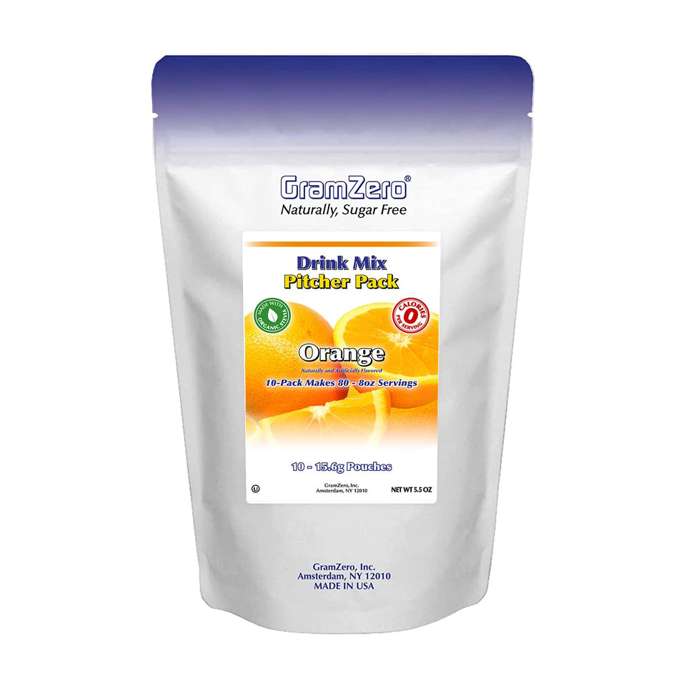 GramZero orange sugar-free drink mix pitcher pack on countertop, keto-friendly option.