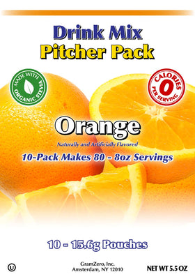 GramZero orange sugar-free drink mix powder dispense close-up for quick refreshing water flavor.