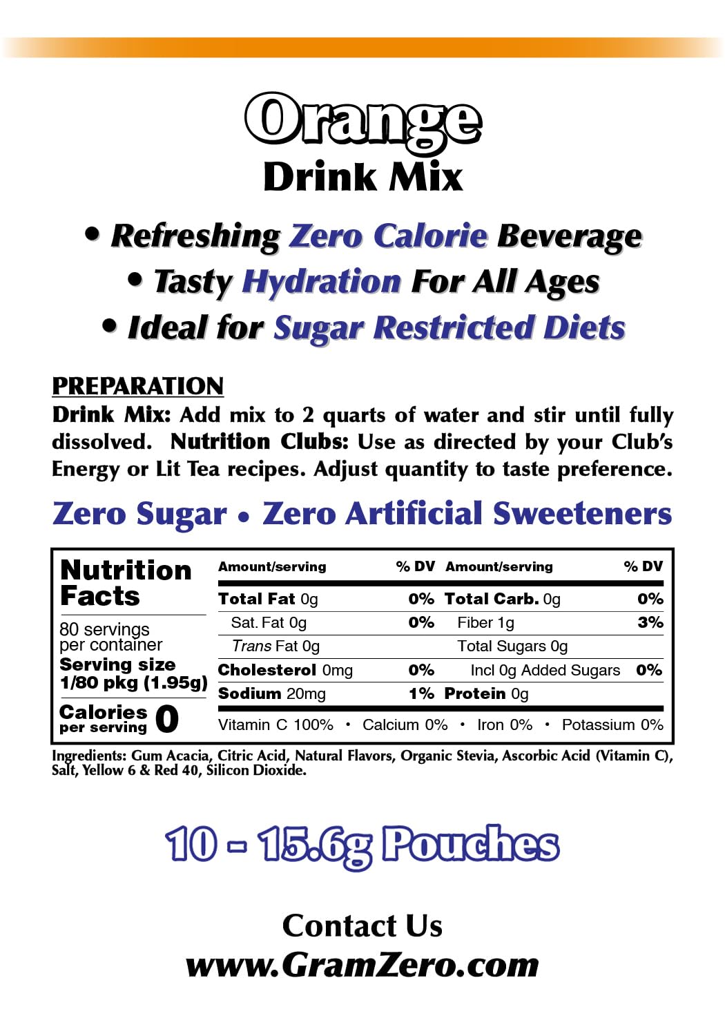 GramZero orange sugar-free drink mix ready glass showcasing zero calories and great taste.