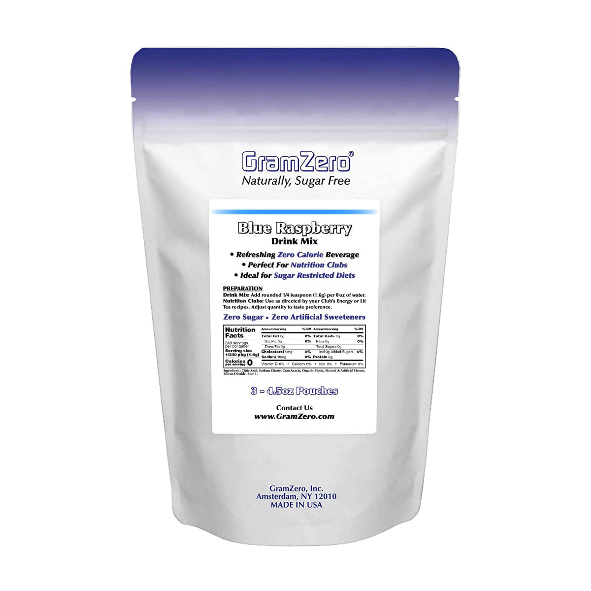 GramZero organic stevia-sweetened mix in a 3-pack pouch.