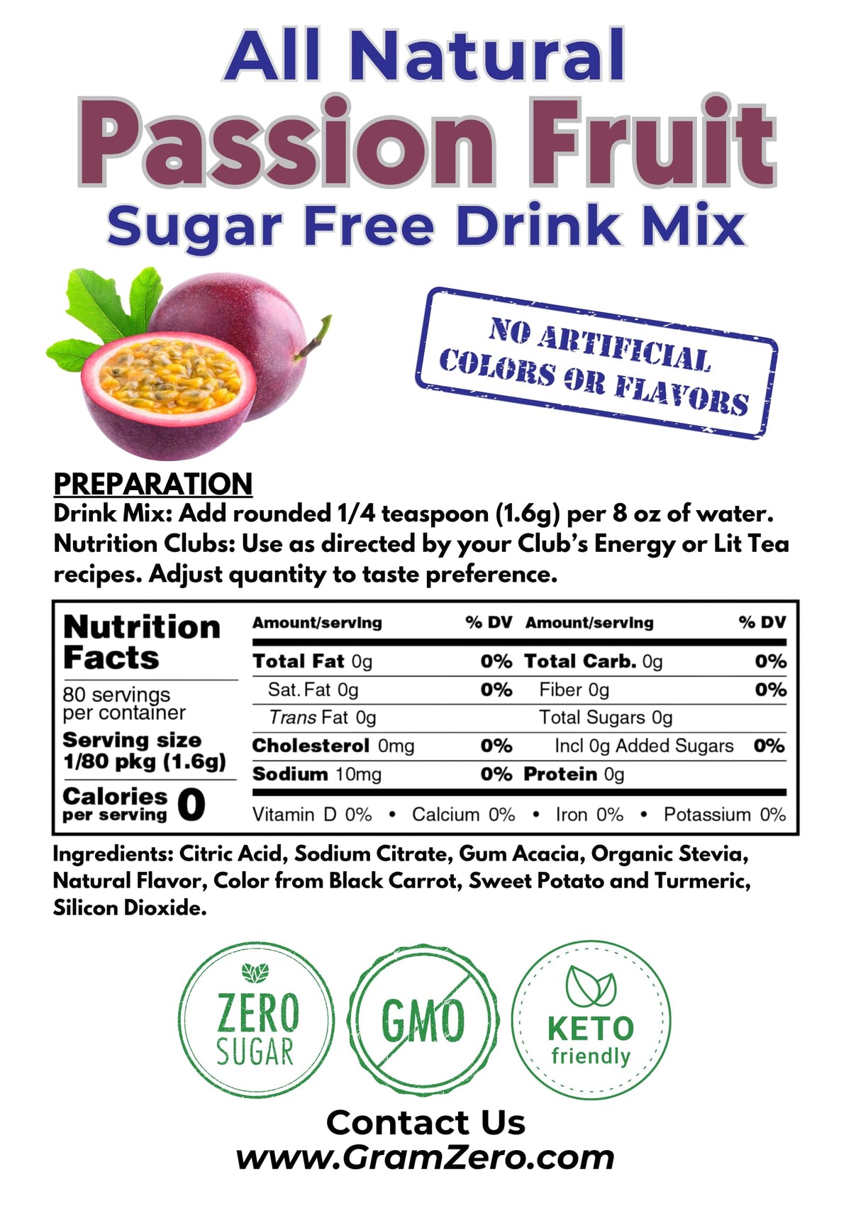GramZero Passion Fruit powder bag highlights all-natural colors and flavors for keto-friendly beverages