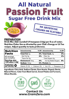 GramZero Passion Fruit powder bag highlights all-natural colors and flavors for keto-friendly beverages