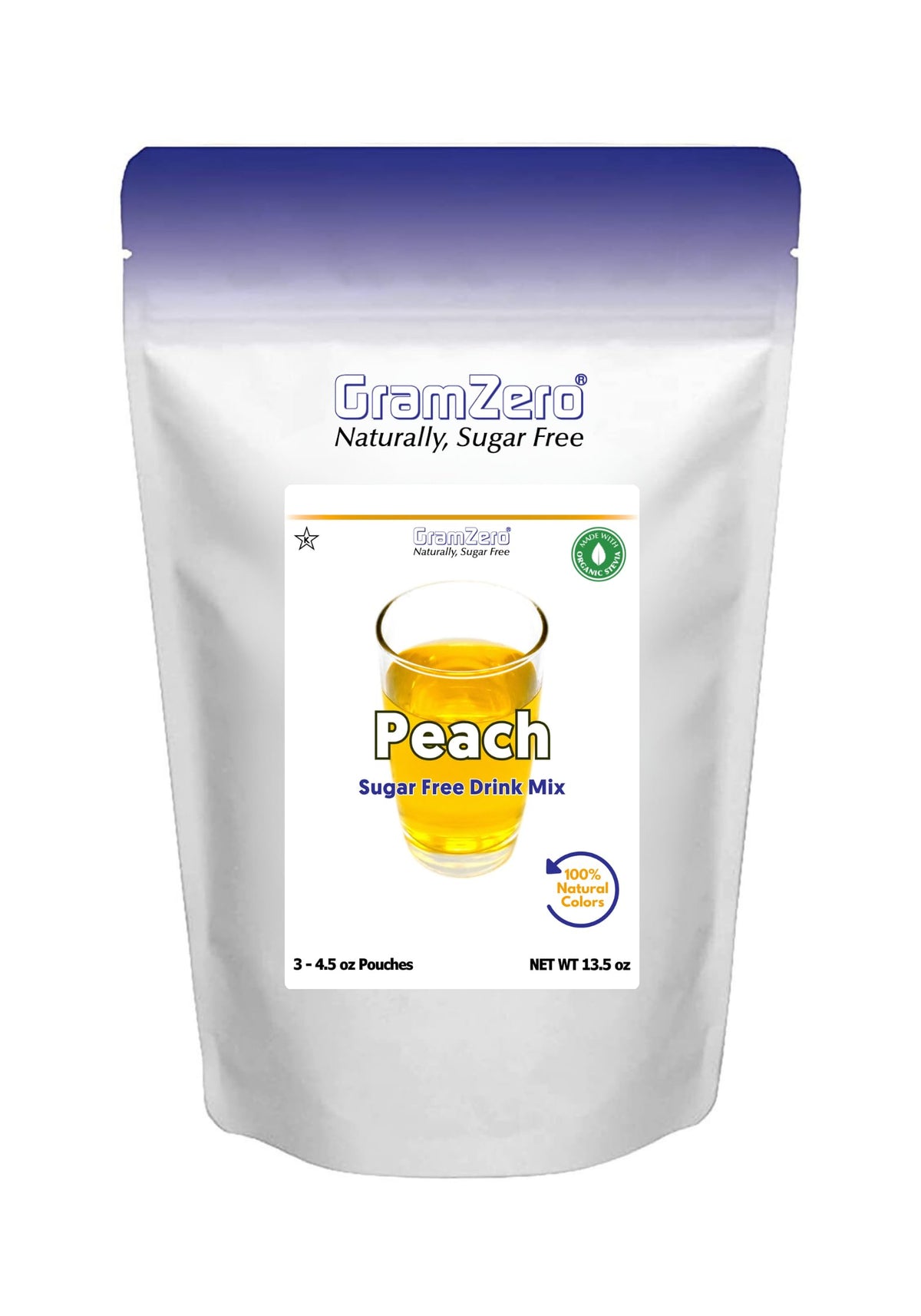 GramZero Peach drink mix pack demonstrating zero calorie, keto-friendly formula.