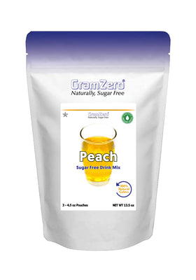 GramZero Peach drink mix pack demonstrating zero calorie, keto-friendly formula.