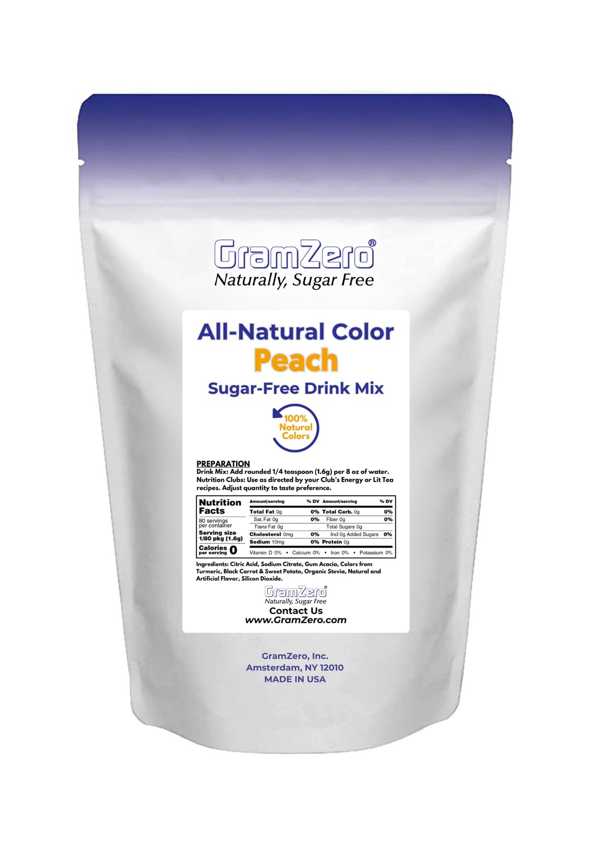 GramZero Peach label close-up highlighting natural stevia and zero calories.