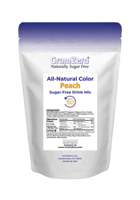 GramZero Peach label close-up highlighting natural stevia and zero calories.