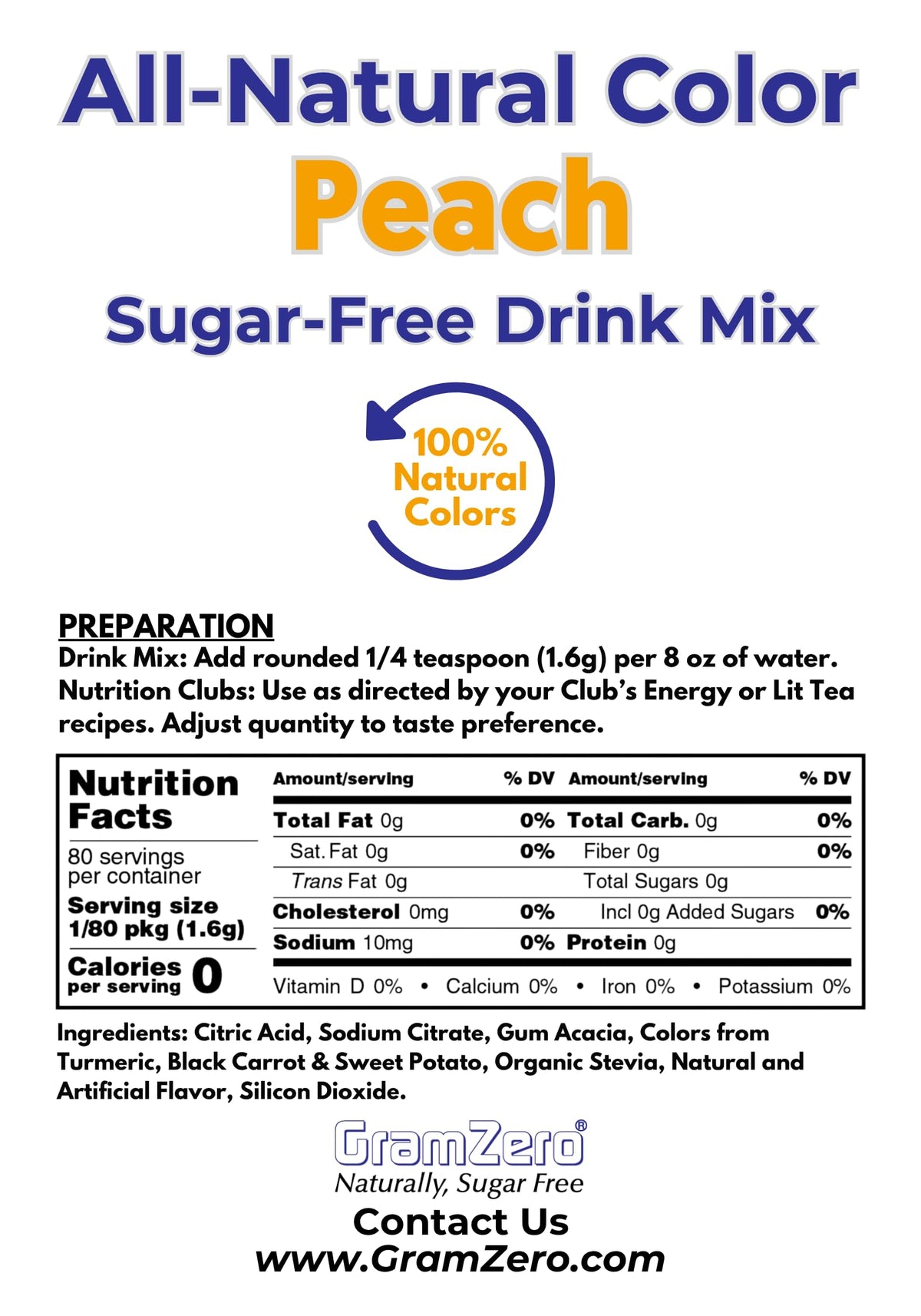 GramZero Peach powder scoop dissolving in water for a refreshing keto drink.