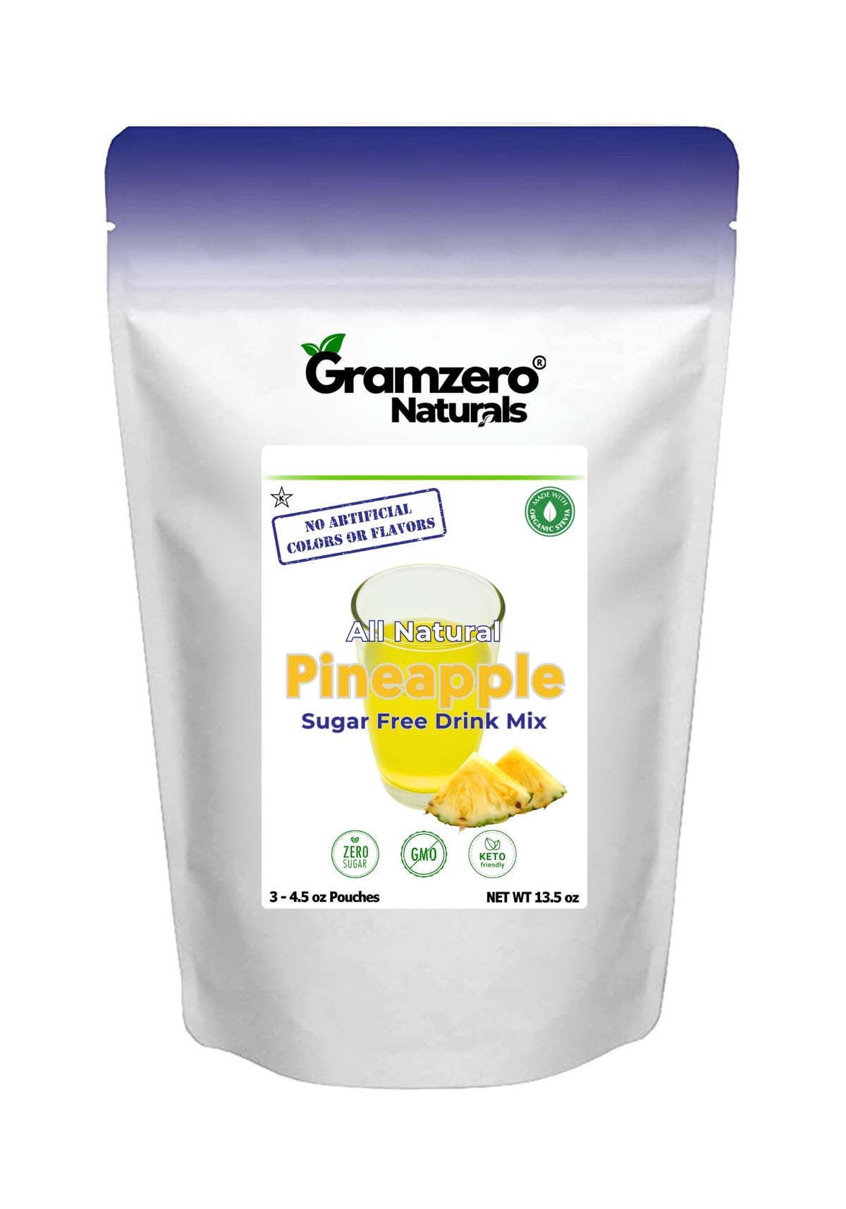 GramZero pineapple zero calorie drink mix ready to dissolve for a refreshing sugar-free sip.