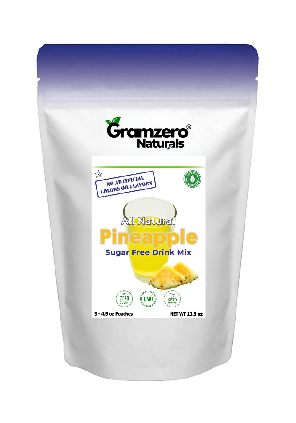 GramZero pineapple zero calorie drink mix ready to dissolve for a refreshing sugar-free sip.