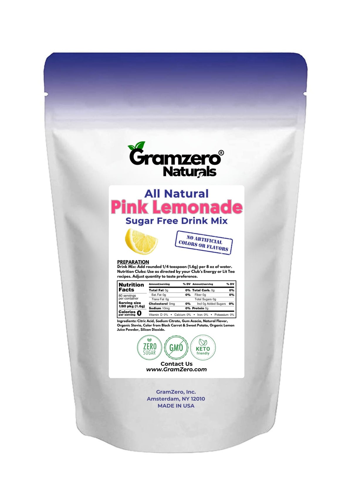 GramZero pink lemonade non-gmo-ingredients label showcases natural flavors and sugar-free convenience.