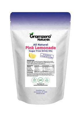 GramZero pink lemonade non-gmo-ingredients label showcases natural flavors and sugar-free convenience.