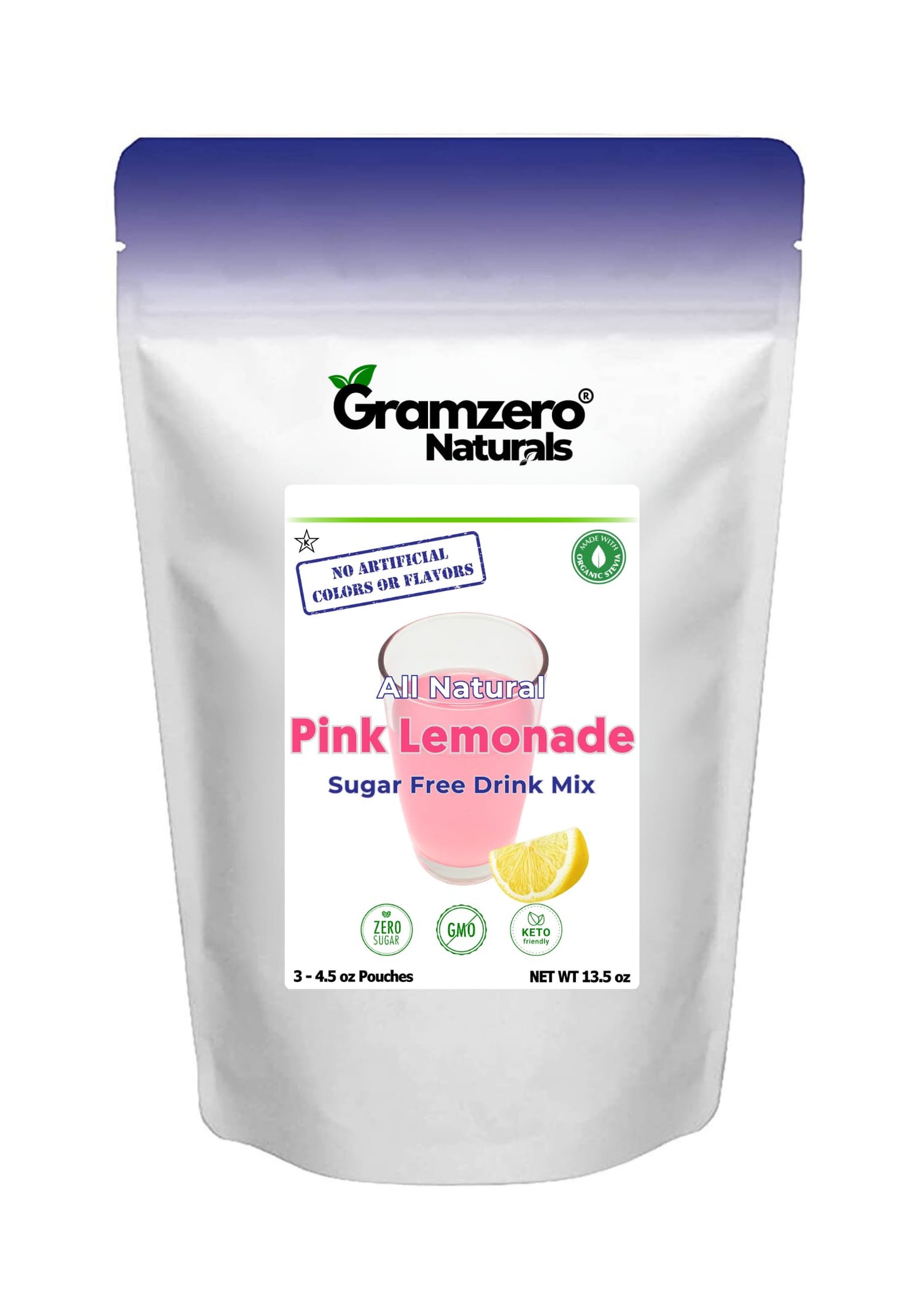 GramZero pink lemonade powder pack for quick zero-calorie refreshment on the go.
