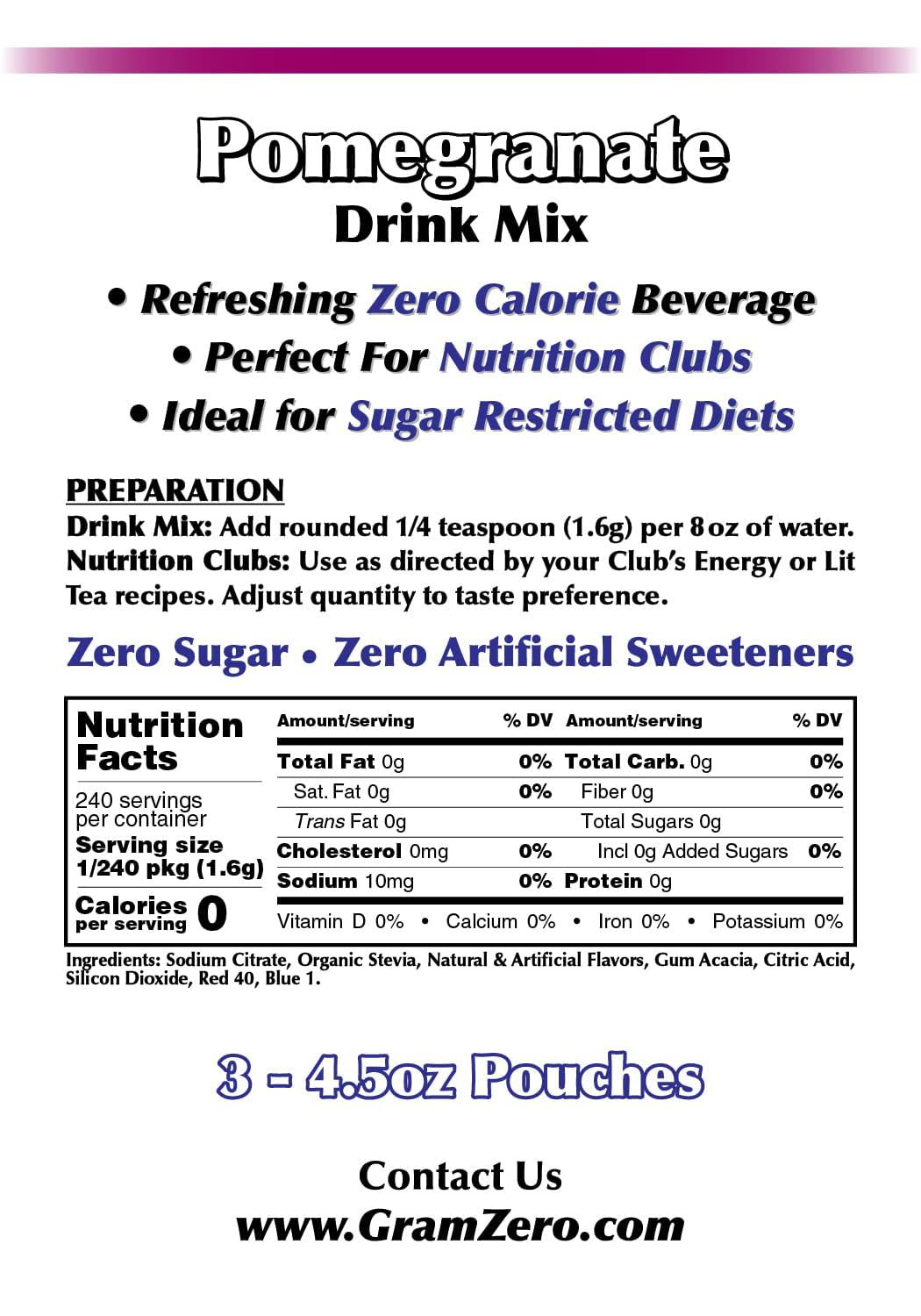 GramZero Pomegranate drink mix in a glass, keto-friendly flavoring water