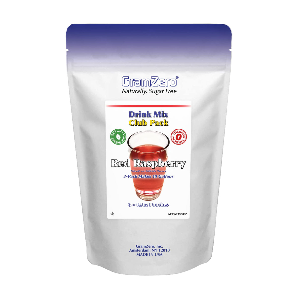 GramZero red raspberry drink mix pouch showing zero‑calorie flavor option