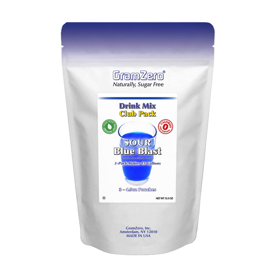 GramZero Sour Blue Blast master pouch flavors zero-calorie drinks with organic stevia.