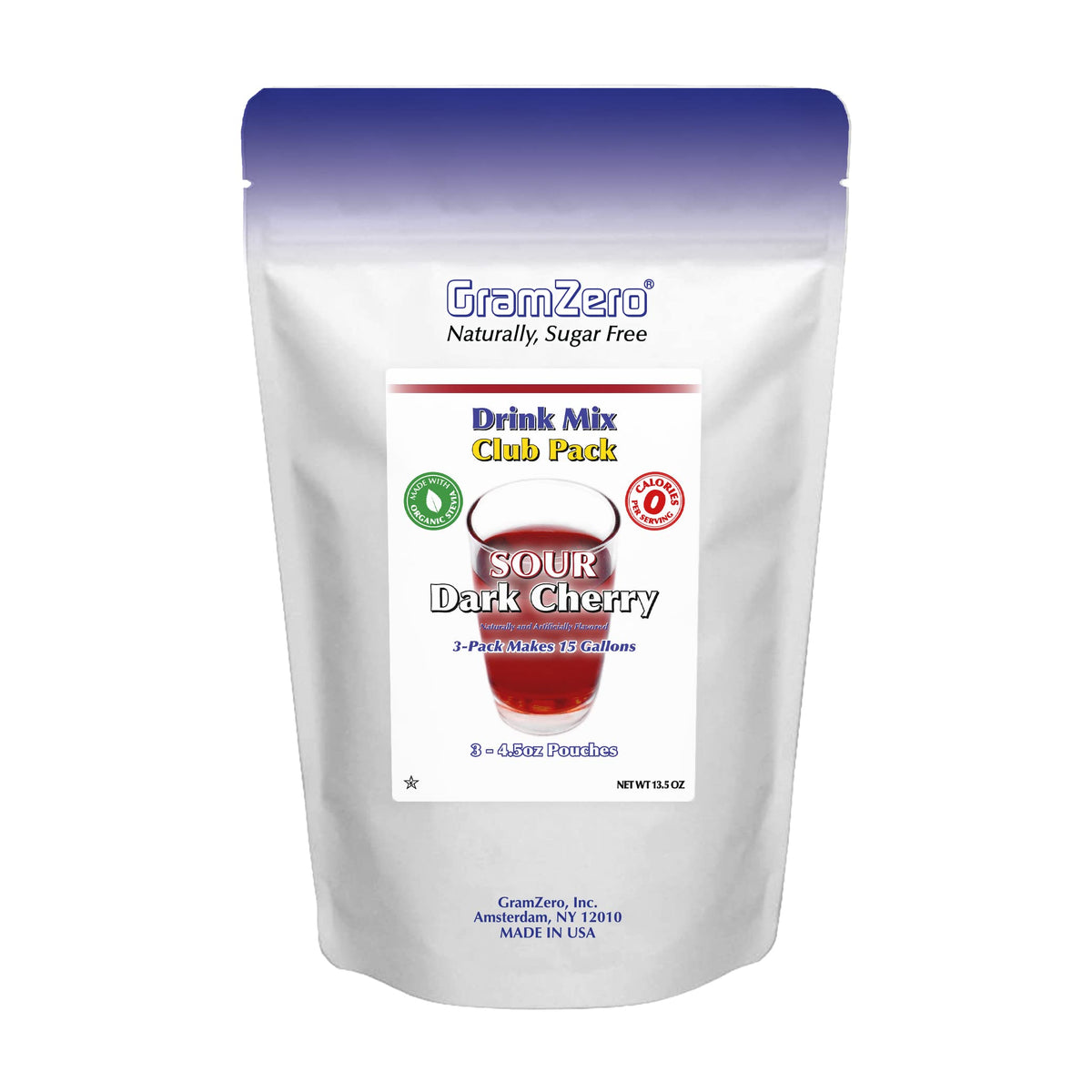 GramZero Sour Dark Cherry powder pouch for zero-calorie, keto-friendly drinks.