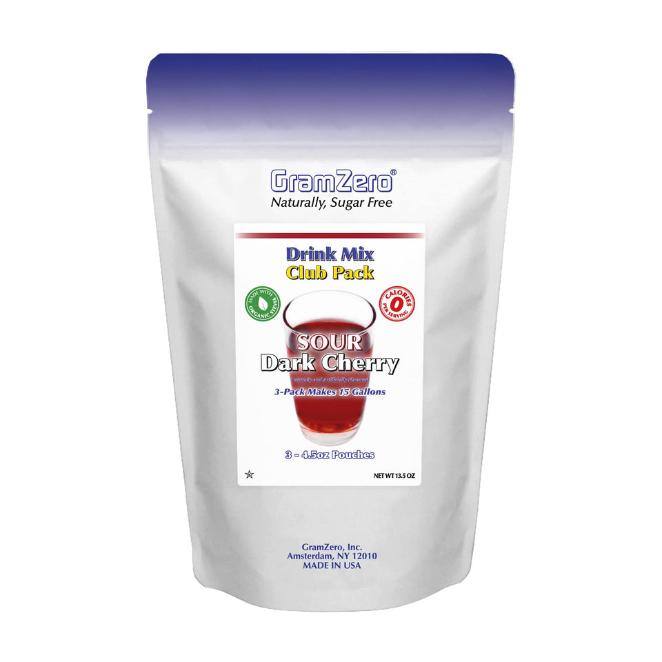 GramZero Sour Dark Cherry powder pouch for zero-calorie, keto-friendly drinks.