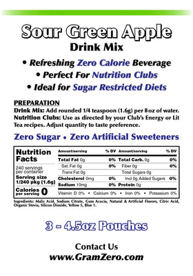 Close-up of GramZero Sour Green Apple ingredients label featuring Organic Stevia sweetness.