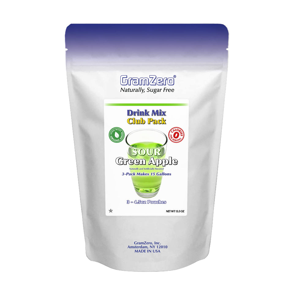 GramZero Sour Green Apple pouch showing zero calories for keto-friendly hydration.