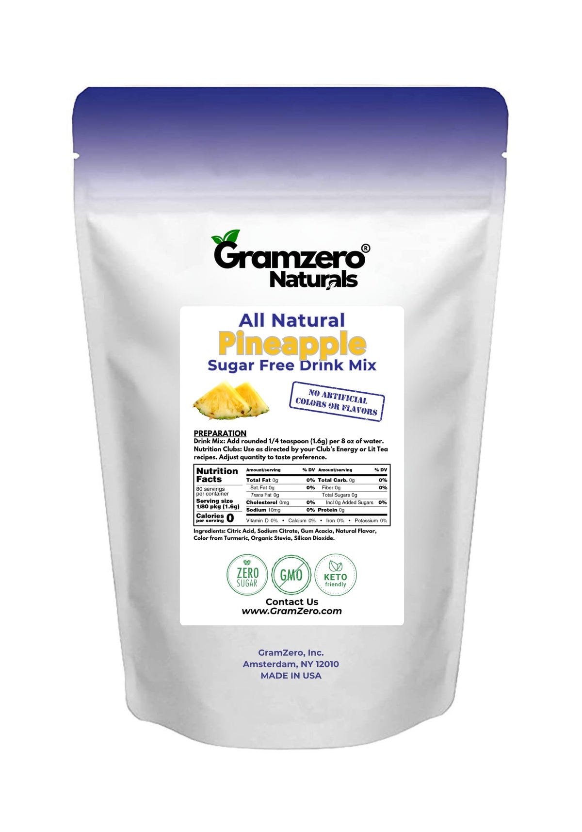 GramZero stevia sweetened label indicates sugar-free sweetness.
