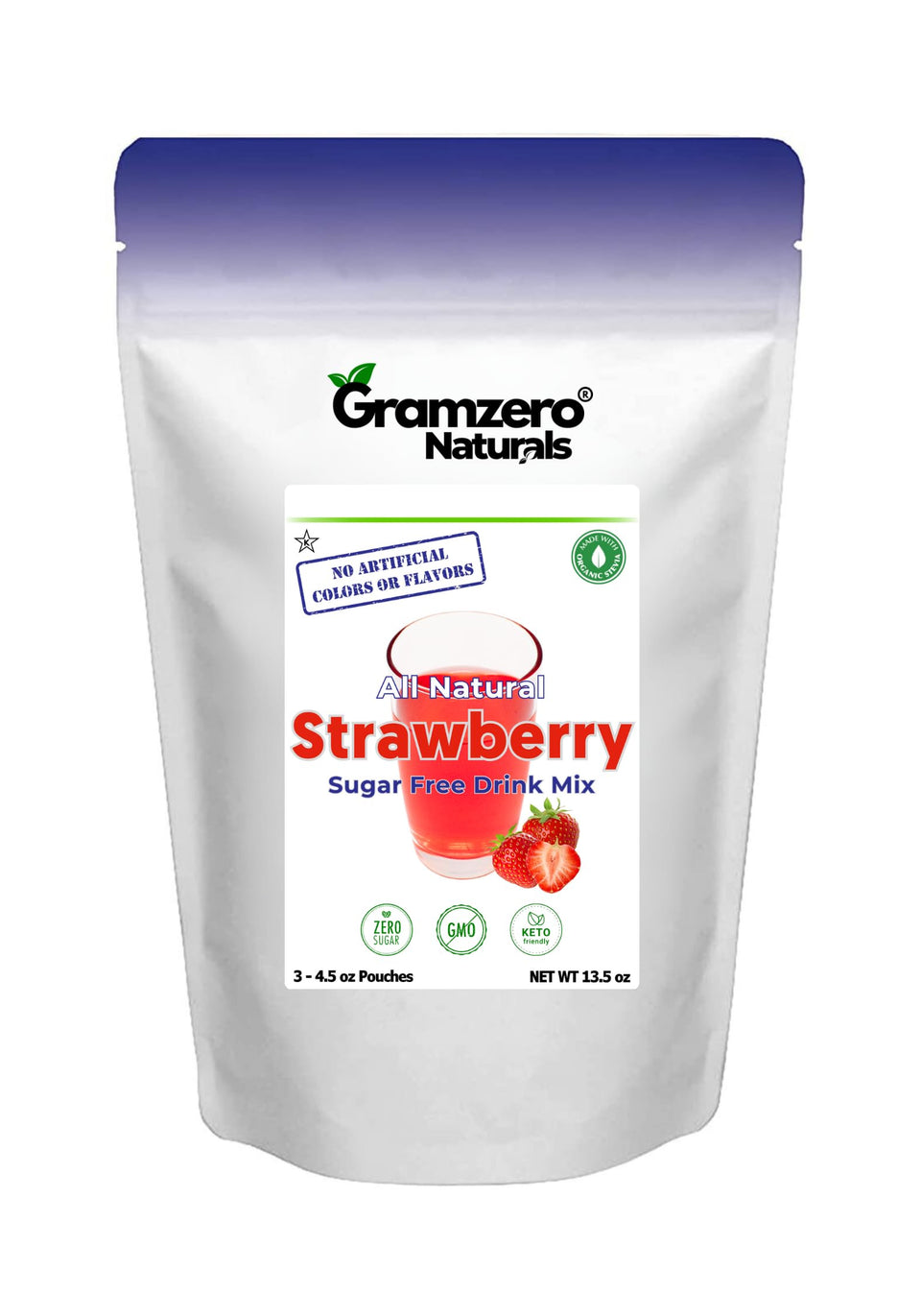 GramZero Strawberry Drink Mix powder dissolving in water for a zero calorie refreshment